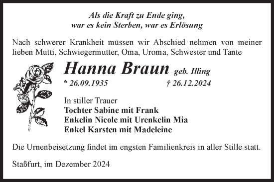 Traueranzeige von Hanna Braun von Volksstimme Staßfurt