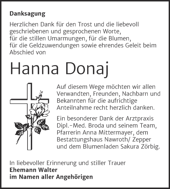 Traueranzeige von Hanna Donaj von Trauerkombi Bitterfeld