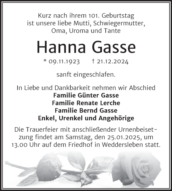 Traueranzeige von Hanna Gasse von Trauerkombi Quedlinburg