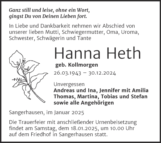 Traueranzeige von Hanna Heth von Trauerkombi Sangerhausen