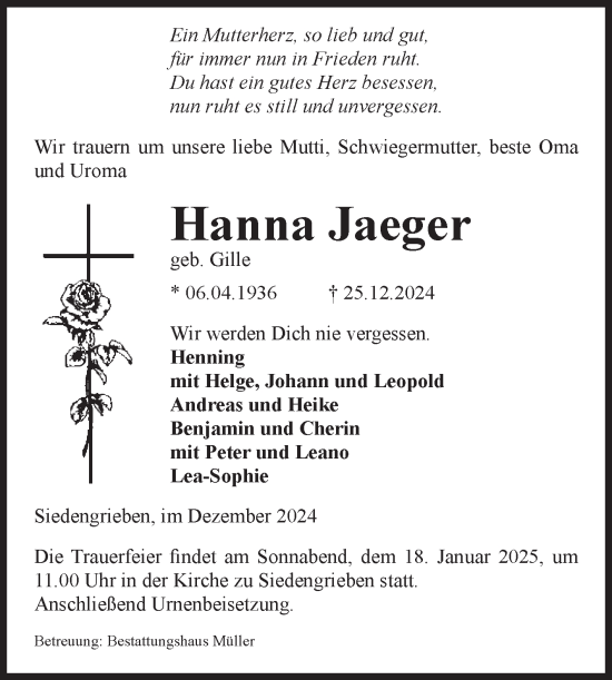 Traueranzeige von Hanna Jaeger von Volksstimme Altmark West