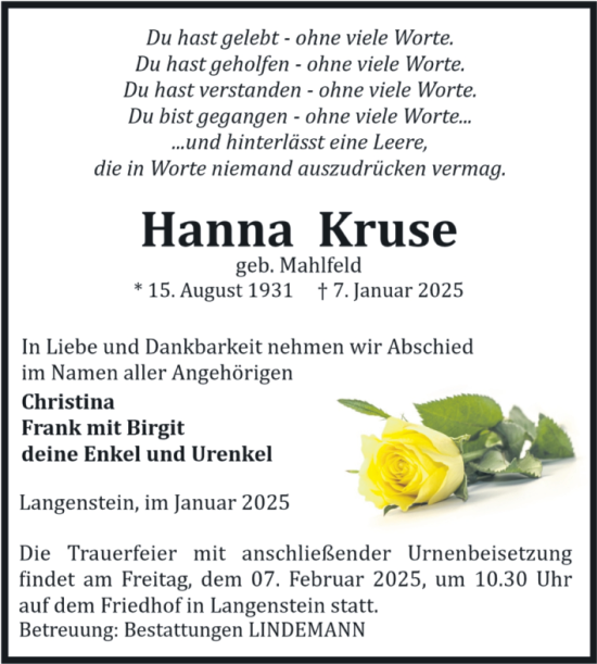 Traueranzeige von Hanna Kruse von Volksstimme Halberstadt