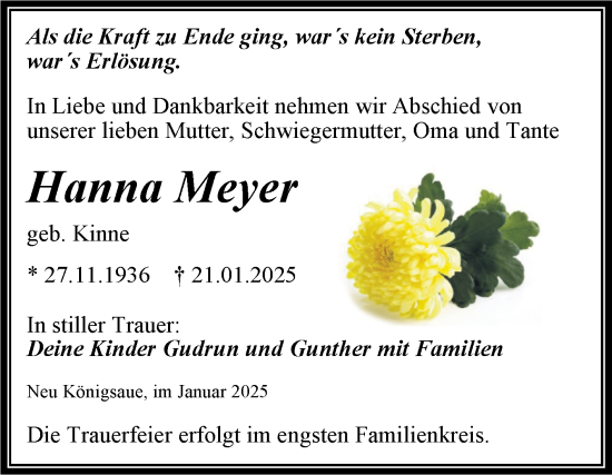 Traueranzeige von Hanna Meyer von Trauerkombi Aschersleben