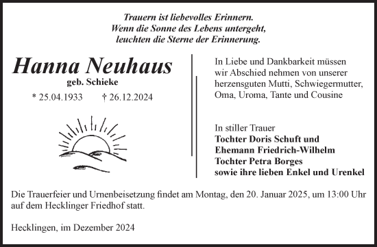 Traueranzeige von Hanna Neuhaus von Volksstimme Staßfurt