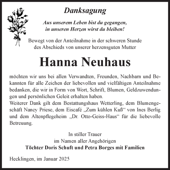 Traueranzeige von Hanna Neuhaus von Volksstimme Staßfurt