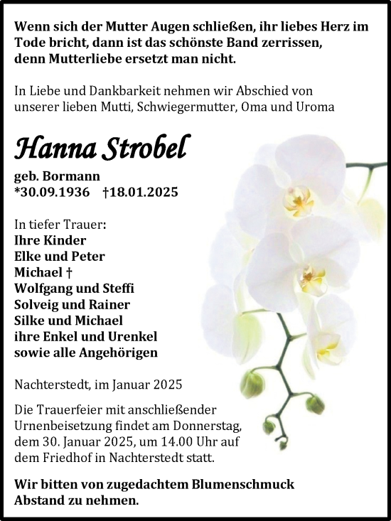 Traueranzeige von Hanna Strobel von Trauerkombi Aschersleben
