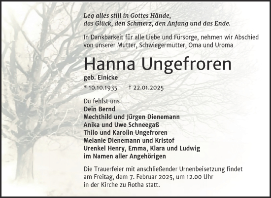 Traueranzeige von Hanna Ungefroren von Trauerkombi Sangerhausen