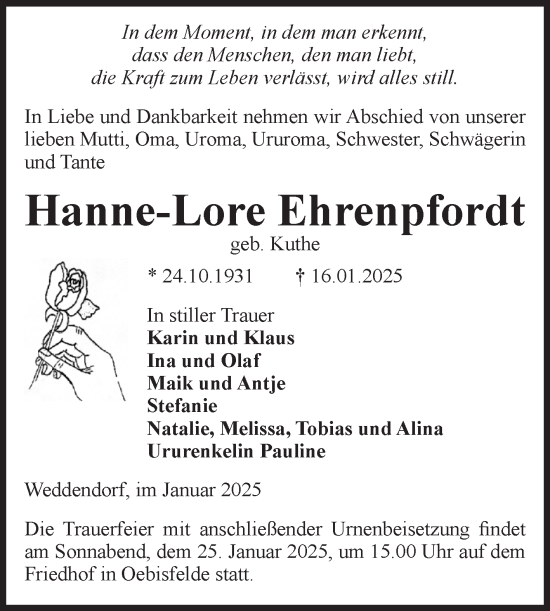 Traueranzeige von Hanne-Lore Ehrenpfordt von Volksstimme Altmark West