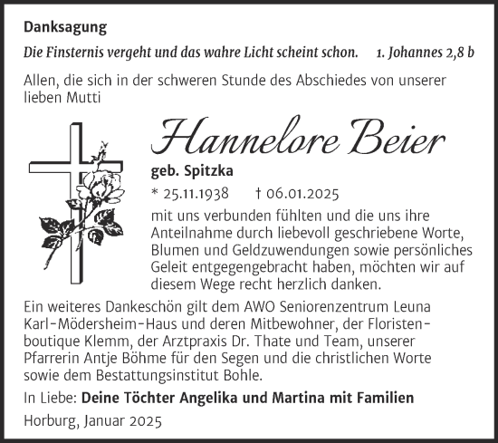 Traueranzeige von Hannelore Beier von Trauerkombi Merseburg