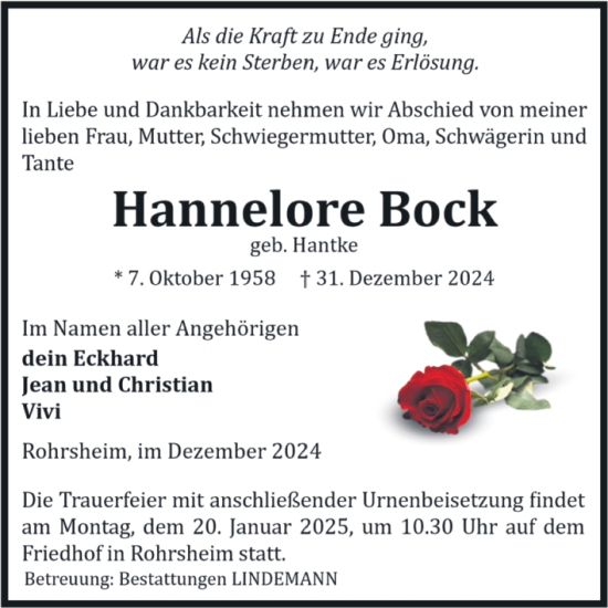 Traueranzeige von Hannelore Bock von Volksstimme Halberstadt