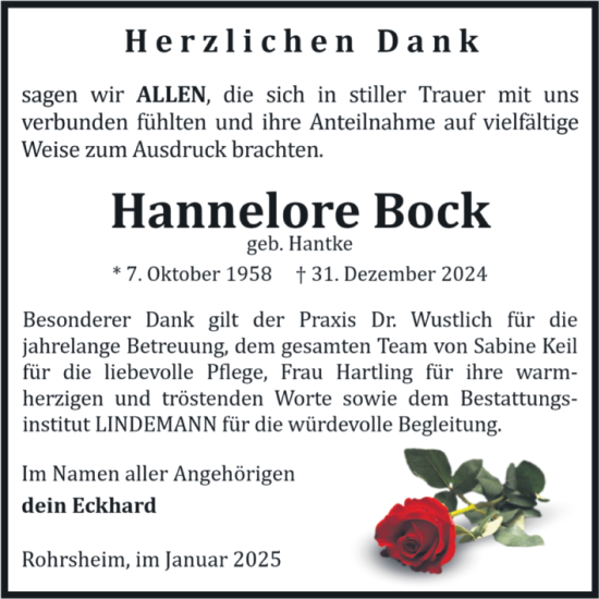 Traueranzeige von Hannelore Bock von Volksstimme Halberstadt