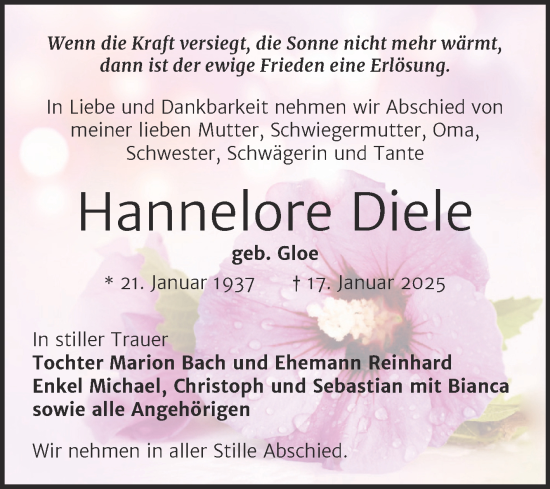 Traueranzeige von Hannelore Diele von Trauerkombi Zeitz