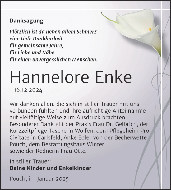 Traueranzeige von Hannelore Enke von Trauerkombi Bitterfeld