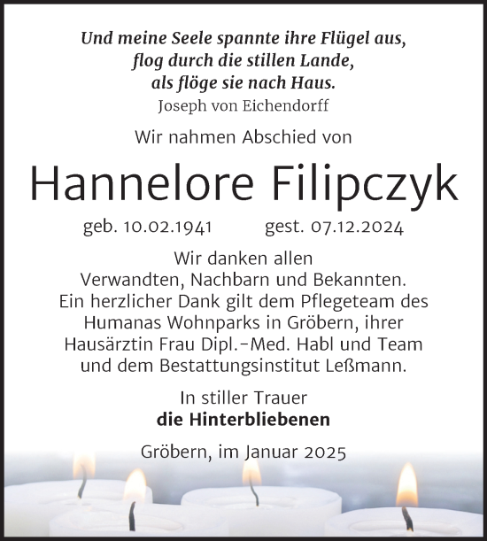 Traueranzeige von Hannelore Filipczyk von Trauerkombi Bitterfeld