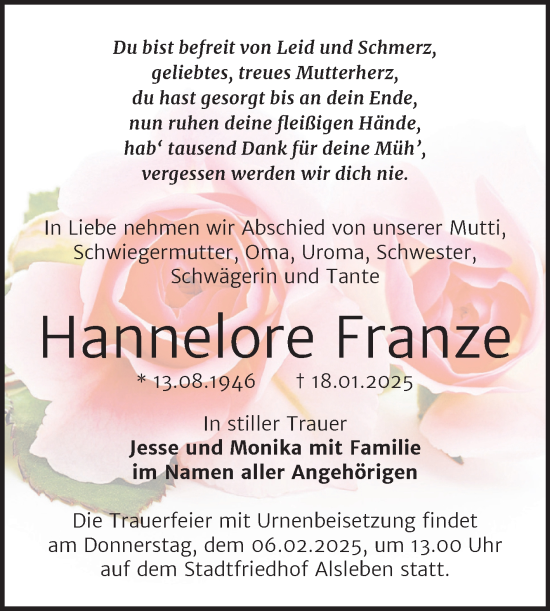 Traueranzeige von Hannelore Franze von Trauerkombi Bernburg