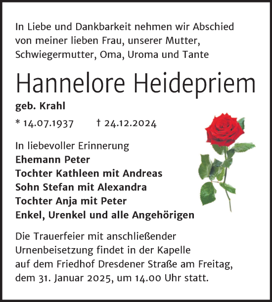 Traueranzeige von Hannelore Heidepriem von Trauerkombi Wittenberg