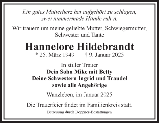 Traueranzeige von Hannelore Hildebrandt von Volksstimme Oschersleben/Wanzleben