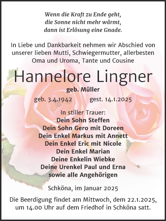 Traueranzeige von Hannelore Lingner von Trauerkombi Wittenberg
