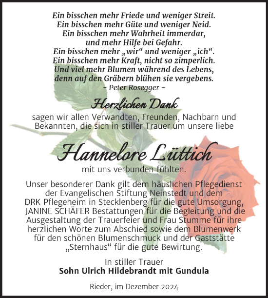 Traueranzeige von Hannelore Lüttich von Trauerkombi Quedlinburg