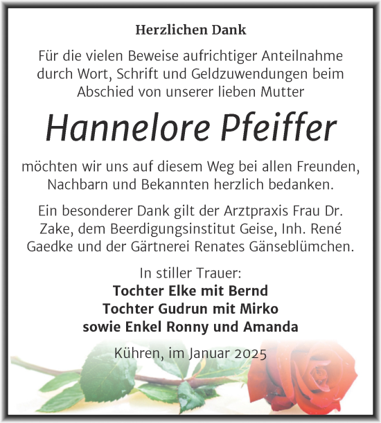 Traueranzeige von Hannelore Pfeiffer von Trauerkombi Köthen