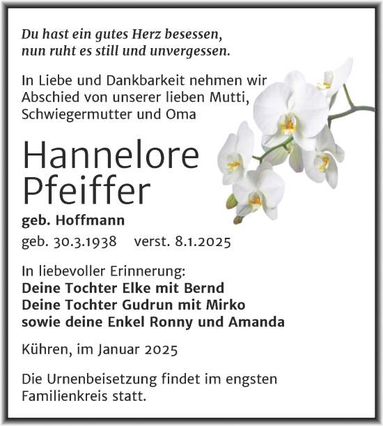 Traueranzeige von Hannelore Pfeiffer von Trauerkombi Köthen