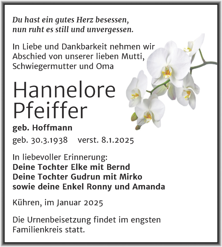  Traueranzeige für Hannelore Pfeiffer vom 11.01.2025 aus Trauerkombi Köthen