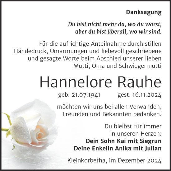 Traueranzeige von Hannelore Rauhe von Trauerkombi Weißenfels