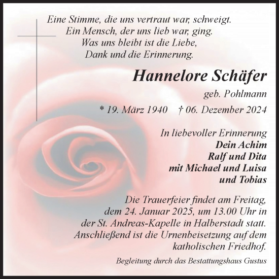 Traueranzeige von Hannelore Schäfer von Volksstimme Halberstadt