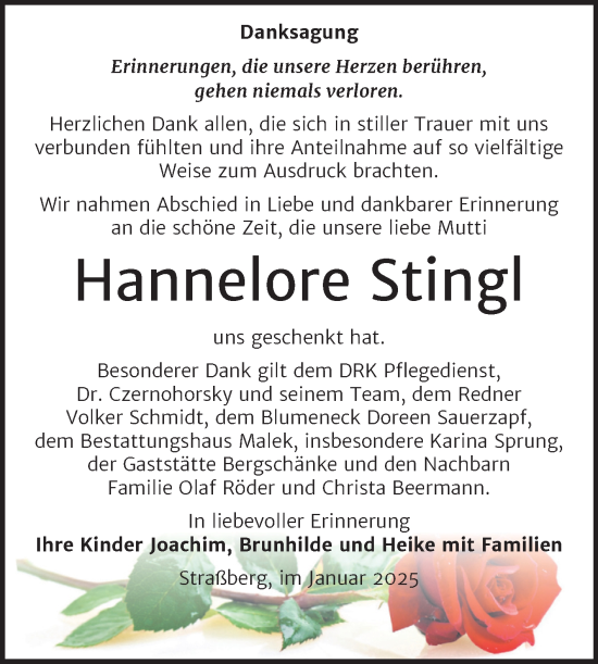 Traueranzeige von Hannelore Stingl von Trauerkombi Quedlinburg