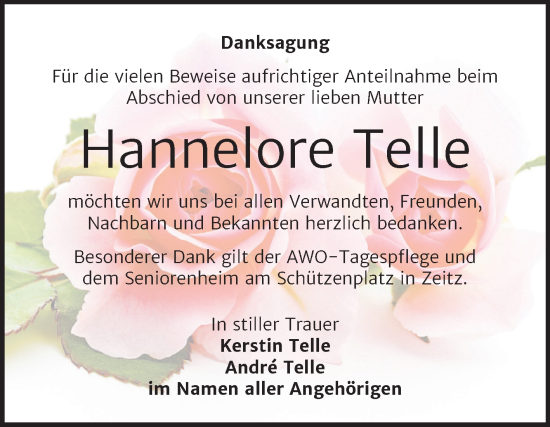 Traueranzeige von Hannelore Telle von Trauerkombi Zeitz