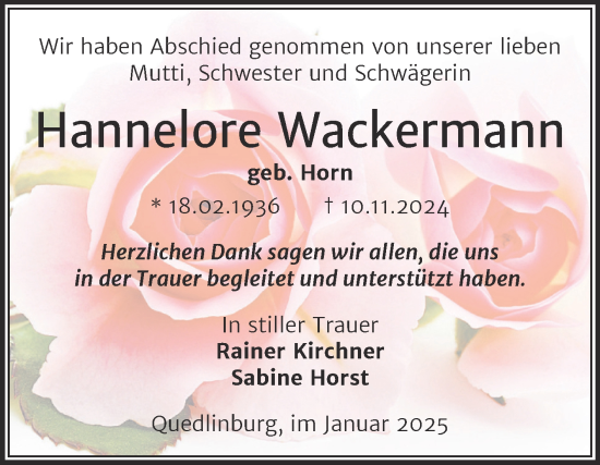 Traueranzeige von Hannelore Wackermann von Trauerkombi Quedlinburg