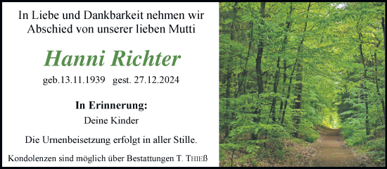 Traueranzeige von Hanni Richter von Trauerkombi Quedlinburg