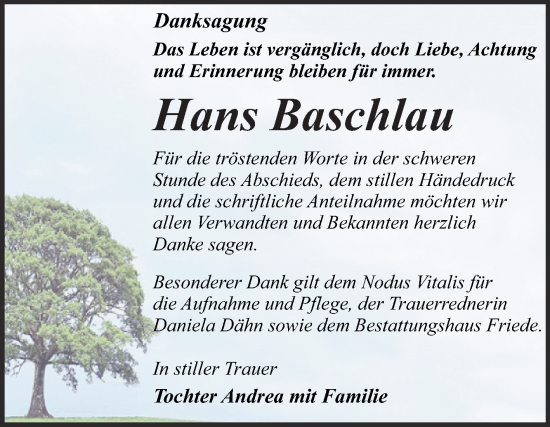 Traueranzeige von Hans Baschlau von Trauerkombi Dessau