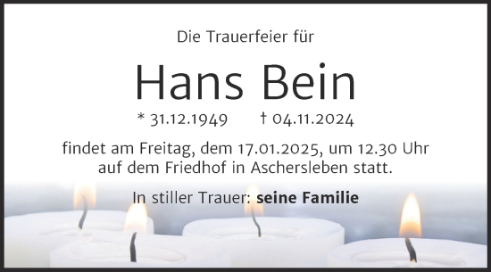 Traueranzeige von Hans Bein von Trauerkombi Aschersleben