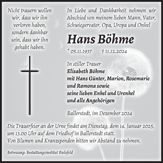 Traueranzeige von Hans Böhme von Volksstimme Altmark Ost