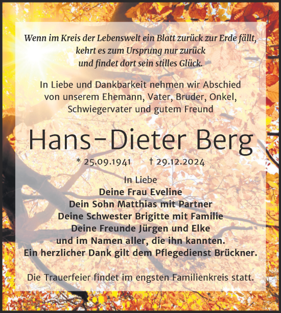 Traueranzeige von Hans-Dieter Berg von Trauerkombi Weißenfels
