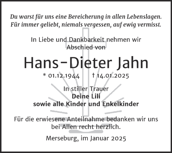 Traueranzeige von Hans-Dieter Jahn von Trauerkombi Merseburg