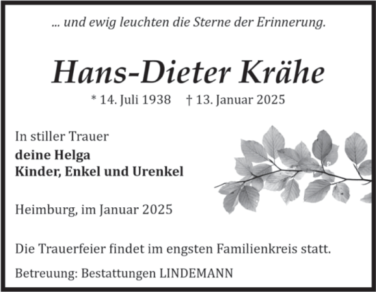 Traueranzeige von Hans-Dieter Krähe von Volksstimme Wernigerode