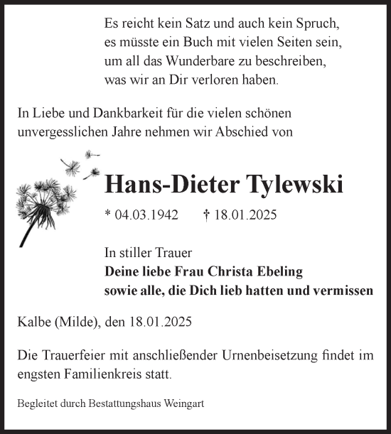 Traueranzeige von Hans-Dieter Tylewski von Volksstimme Altmark West
