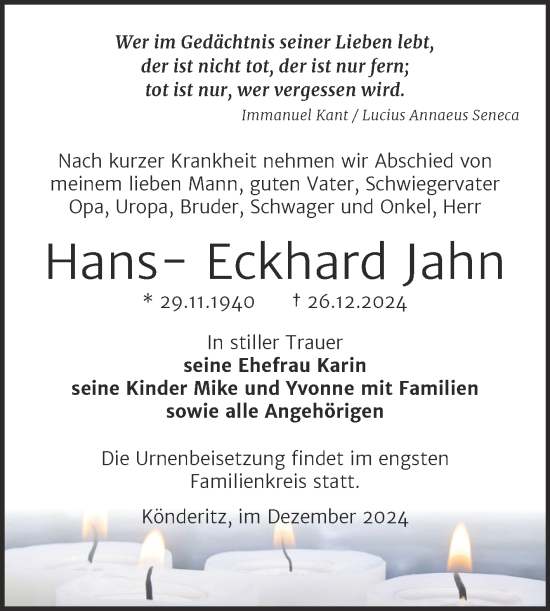 Traueranzeige von Hans-Eckhard Jahn von Trauerkombi Zeitz