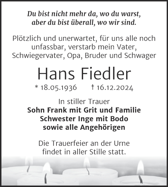 Traueranzeige von Hans Fiedler von Trauerkombi Wittenberg