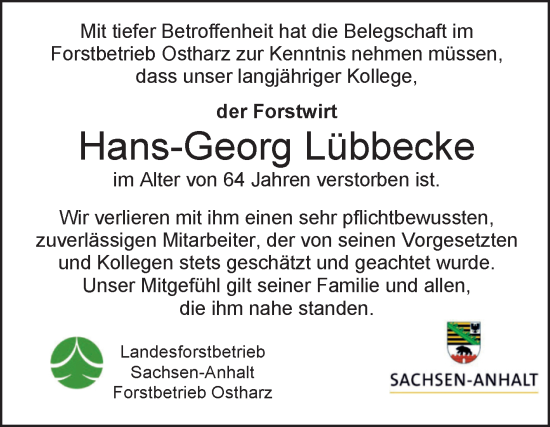 Traueranzeige von Hans-Georg Lübbecke von Volksstimme Halberstadt