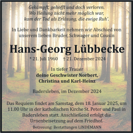 Traueranzeige von Hans-Georg Lübbecke von Volksstimme Halberstadt