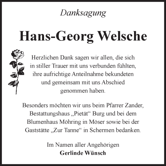 Traueranzeige von Hans-Georg Welsche von Volksstimme Burg/Genthin