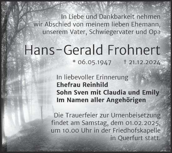 Traueranzeige von Hans-Gerald Frohnert von Trauerkombi Merseburg