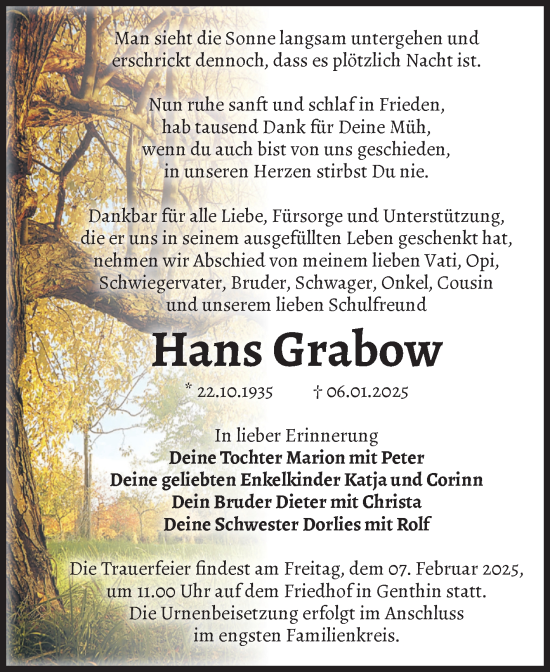 Traueranzeige von Hans Grabow von Volksstimme Burg/Genthin