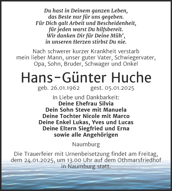 Traueranzeige von Hans-Günter Huche von Super Sonntag Naumburg/Nebra