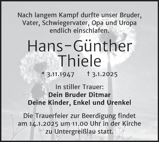 Traueranzeige von Hans-Günther Thiele von Trauerkombi Weißenfels