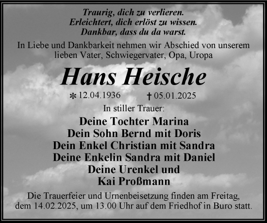 Traueranzeige von Hans Heische von Trauerkombi Wittenberg