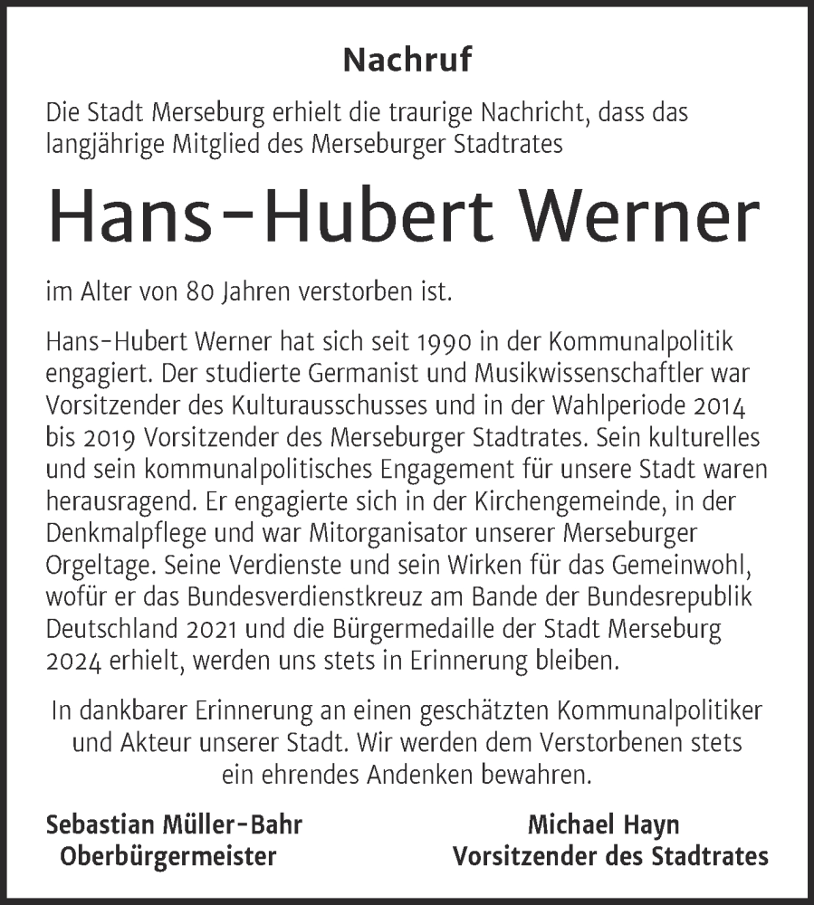  Traueranzeige für Hans-Hubert Werner vom 18.01.2025 aus Mitteldeutsche Zeitung Merseburg/Querfurt